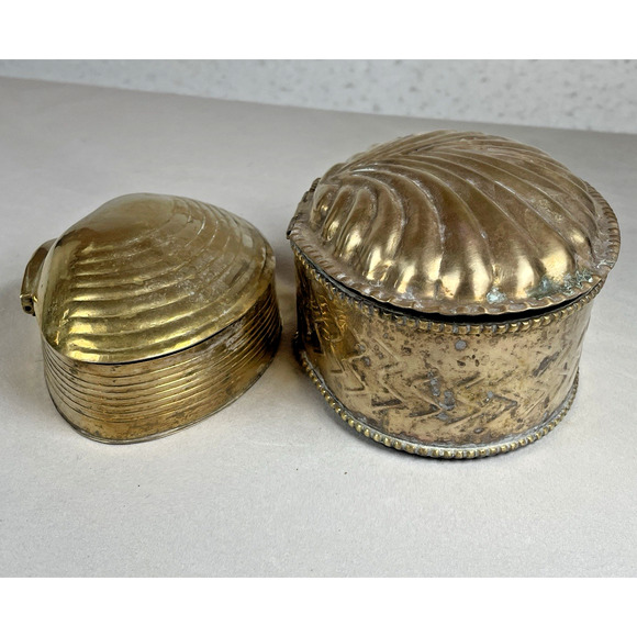 Solid Brass Clam Shell Trinket Box Lot of 2 Hinged Lids Patina Mid Century Vtg - Picture 3 of 12
